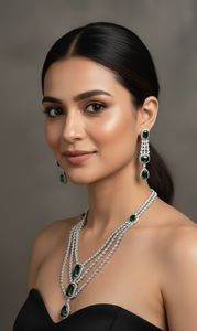 Conjunto de collar y pendientes de esmeralda cascada royale, muy hermoso, hecho con piedras de esmeralda verde premium en corte rectangular y de lágrima. - Product Image 1