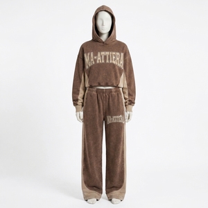 Conjunto de Sudadera Corta y Pantalones Jogger de Pierna Ancha para Mujer, Estilo Acid Wash Marrón, de Algodón y Felpa, Ropa Deportiva Urbana, Venta al Por Mayor OEM - Product Image 3