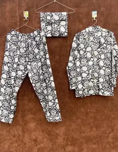 <b>Women's</b> Elegant Ultra Soft Cotton Pajama <b>Set</b> Hand Block Floral Print Light Summer Sleepwear Coat - Product Image 1