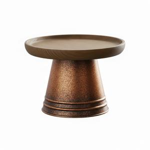 Vintage Style Antique Copper Metal Base And Natural Wood Single <b>Tier</b> Round Footed Cake Stand Dessert Display Serving <b>Tray</b> - Product Image 1