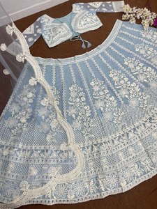 DESIGNER BRIDAL WEAR <strong>HEAVY</strong> SOFT ORGANZA CHINE SEQUINS WORK LEHENGAS WITH <strong>DUPATTA</strong> - Product Image 5