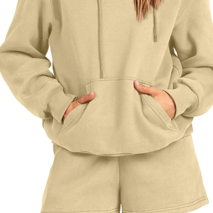 Vente en gros Nouveau design Ensemble short à capuche confortable de couleur unie pour femmes Logo personnalisé couleurs avec hauts longs - Product Image 5