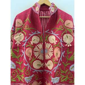 Crimson Suzani-Peach Edition Hand-Embroidered Waffle Cotton Eco-Friendly <b>Jacket</b> Reversible Quilted Stylish Boho Outerwear <b>Spring</b> - Product Image 4