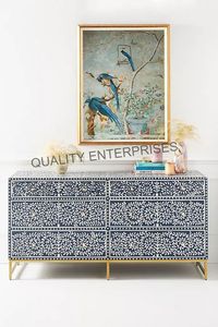 Table de chevet moderne en incrustation d'os faite à la main avec tiroirs de coffre et portes artisanat d'Inde. - Product Image 4