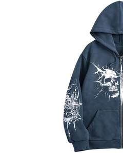 Sudadera con Capucha y Cremallera Azul Lavada, con Estampado Gráfico de Calavera, Estilo Urbano Extragrande, Chaqueta Gótica de Felpa de Algodón para Mujer, Fabricante Personalizado - Product Image 3