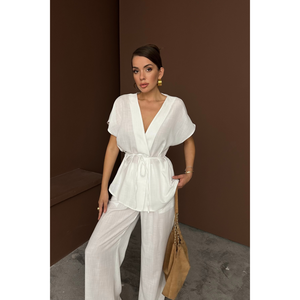 Conjunto de Blusa y Pantalones de Lino para Mujer, Cuello en V, Cintura con Lazo, Color Blanco - Product Image 1