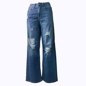 Wide Leg Ripped <b>Jeans</b> for <b>Women</b> Denim Trousers Washed Full Length Casual Streetwear - Product Image 1