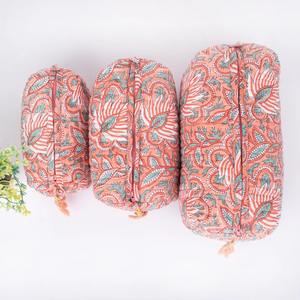 Indian Cotton Peach Floral Hand Block Print <b>Large</b> Vintage Water Resistant Eco-Friendly Durable Travel Case Quilted <b>Zipper</b> Makeup - Product Image 2