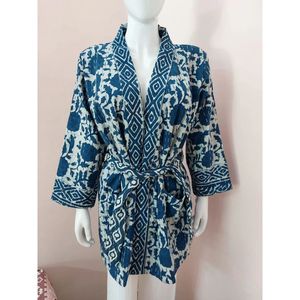Robe Kimono Décontractée Indigo Kantha en Tissu Doux avec Taille Élastique et Cordon de Serrage, Manches Longues, Idéale pour le Printemps, Mariage, Nuit, Famille, 1 Pièce - Product Image 3