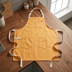 Bib <b>Apron</b> Sleeveless Yellow 100% Cotton Canvas Eco-Friendly Classic Style Multiple Pockets Cooking Daily Use Machine Washable - Product Image 1
