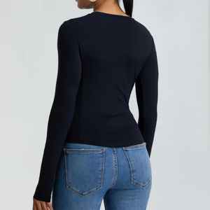 Camiseta ajustada de cuello redondo para mujer, manga larga, gimnasio y entrenamiento al aire libre, ropa informal, tela vaquera, estampado de botones decorado - Product Image 4