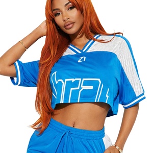 Trendy Women Blue Cropped Mesh American Football Jersey Set Sporty Two Piece Outfit Breathable V Neck Sportswear Crop <b>top</b> shirt - Product Image 1