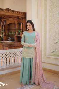 Dernier Designer Faux Georgette Avec Paillettes & Fil Brodé Travail Palazzo Suit Par Fab Zone - Product Image 5