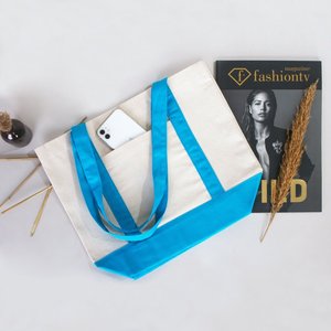 Turquoise 16x14x5 Eco-Friendly <b>Canvas</b> Tote <b>Bag</b> <b>Large</b> Size Cotton Shopping Handbag with Letter and Screen Pattern for Foods - Product Image 4
