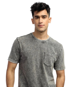 T-shirt en coton délavé gris pour homme, manches courtes, col rond, coupe classique, couleur unie, jersey tricoté, design respirant - Product Image 4