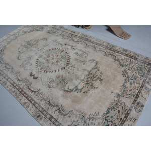 Alfombra turca Vintage Beige 5,3 X 9.3ft Tejido plano de lana con patrón de retazos para decoraciones de sala de estar - Product Image 4