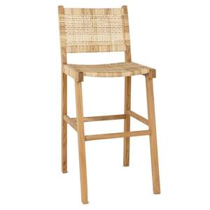 Silla de Bar Moderna y Económica con Estructura de Madera de Teca Maciza y Asiento y Respaldo de Ratán Natural Tejido para Uso Comercial en Hoteles, Comedores y Salas de Estar - Product Image 1