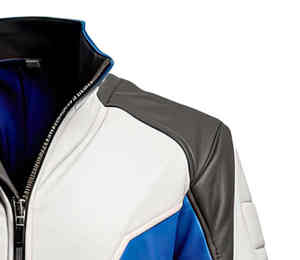 Blouson en cuir bleu et blanc pour homme, blouson en cuir Moto Cafe Racer pour femme, coupe ajustée, rétro, color block, manteau homme femme - Product Image 4