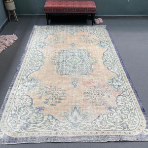 Alfombra Turca Vintage, Alfombra de 6x9.4 pies, Alfombra de Lana con Diseño Floral Azul y Marrón - Product Image 1