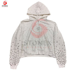 Drop Shoulders Hombres Peso pesado Bordado Rhinestone Algodón Sudadera con capucha Diseños de piedra personalizados Logos 100% Algodón Cremallera Ecológico - Product Image 6