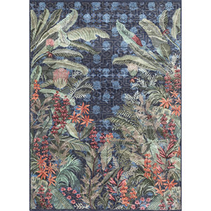 พรมขนสัตว์ผสมไหมถักมือสีน้ำเงินลายดอกไม้แบบปะติดปะต่อ รูปทรงสี่เหลี่ยมสูงสำหรับห้องนั่งเล่น - Product Image 1