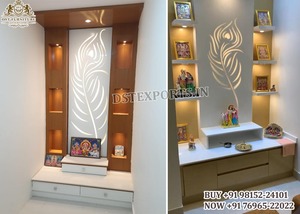 Temple de coupe de plumes de paon de créateur pour la maison Dernier temple en bois de teck Pooja Mandir d'aspect moderne fabriqué à la main pour HomeUK - Product Image 5