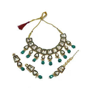 Gold-Plated <b>Light</b> Green Tumble and Polki Kundan Fine Stainless Steel Alloy Studded Jewellery Set with Zircon Tumbled Polki Cut - Product Image 4