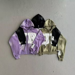 Streetwear Diseño de cremallera Algodón Lavado ácido Sudadera con capucha Bordado de diamantes de imitación Sun Faded Sudaderas con capucha desgastadas - Product Image 1