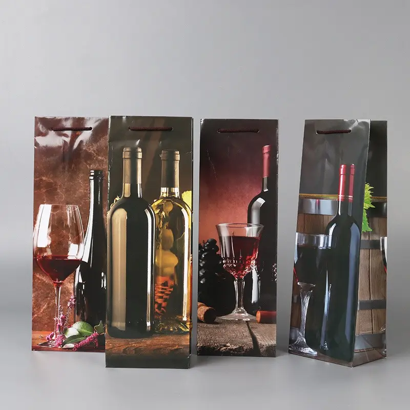 Bolsa de papel de embalaje de regalo de botella de vino brillante personalizada de alta calidad