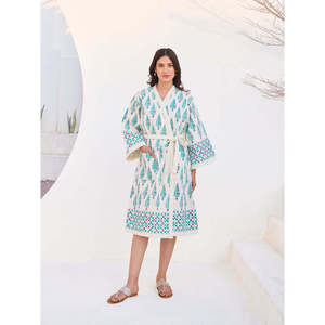 Women's Embroidered Cotton Fleece Robe V-Neck Long Sleeve Full Length Floral Print Casual Summer Wear Breathable Tie Closure - Product Image 6