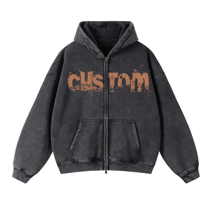 Sweat à capuche oversize en coton français vintage de haute qualité, lourd, personnalisé, streetwear, délavé à l'acide, avec poche zippée pour l'hiver - Product Image 1