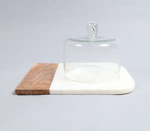 White Marble & Wood Colorblock <b>Cake</b> Platter with <b>Glass</b> Dome Manufacturer Wholesaler Premium Home & Decoration Factory - Product Image 3
