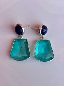 Pendiente hecho a mano de turmalina Paraiba de Plata de Ley 925 con lapislázuli, hermoso pendiente de mujer. - Product Image 2