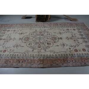 Classic Beige <b>Pink</b> Vintage Turkish Rug 5.4 X 10.2 ft <b>Wool</b> Patchwork Pattern for Teen Living Room Latex Rectangle Striped Hallway - Product Image 3