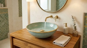 Vasque de salle de bain en céramique artisanale, à un trou, à poser sur comptoir, ronde, finition mate martelée, facile à nettoyer, style rustique - Product Image 1