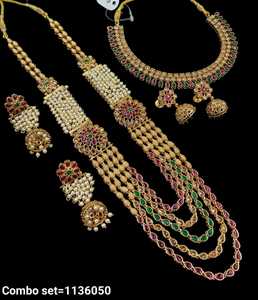 GARGANTILLA DEL SUR DE LA INDIA Y CONJUNTO DE COLLAR COMBINADO LARGO CONJUNTO DE JOYERÍA DEL TEMPLO DEL SUR DE LA INDIA DE LA MODA Y CONJUNTO DE COLLAR DEL SUR PARA MUJER - Product Image 2