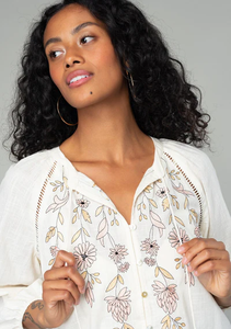 Blusa de algodón bordada de ajuste relajado con cuello mandarín 3/4 mangas raglán y borla con cuello en V-Estilo informal para todas las estaciones - Product Image 4