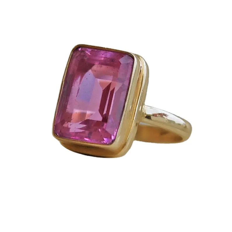 Terbaru Pink Hydro Quartz Octagon segi batu permata cincin 15 mm ukuran 925 perak emas berlapis Bezel Set cincin hadiah untuk anak laki-laki