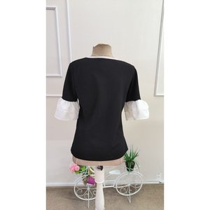 Blusa de Chifón Crepé con Mangas Cortas, Cuello Redondo, Detalle de Lazo y Volantes para Mujer, 34789 - Negro - Product Image 6