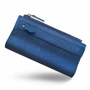 Cartera larga de cuero genuino con banda de mano con cremallera para mujer Diseño especial Color azul Tamaño 9,5 cm-18,5 cm-2cm Premium-Hecho en Turquía - Product Image 1