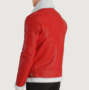 Nouvelle arrivée Veste bomber en cuir véritable rouge et blanc pour homme Col montant Tissu polaire Imperméable Moto Casual Wear Front - Product Image 5