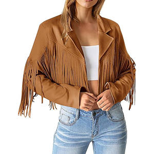 Women <b>Fringe</b> Faux Suede Leather <b>Jacket</b> Tassel Cropped Motorcycle Coat Customizable Fall Fashion Short Windbreaker Leather Coats - Product Image 1