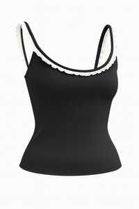 Cute V-neck Ribbed <b>Lace</b> Solid Cami Top Women Soft Stretchy Knit Full <b>Sleeve</b> Tank One Set Breathable Eco-Friendly - Product Image 3