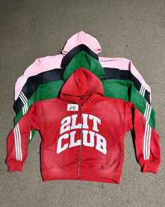 Impreso Rhinestone Embroiled Pink Sun Faded Puff Impreso Logotipo personalizado Suéter Pantalones Desgastado Zip up Hoodie Sun Faded Chándal - Product Image 3