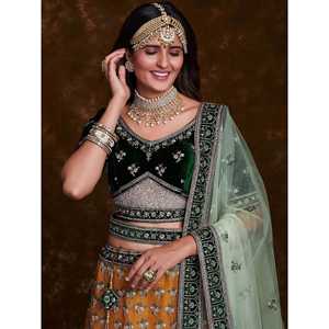 Elegante Lehenga Choli de Seda Amarillo Mostaza con Adornos de Pedrería para Vestidos de Noche - Product Image 6