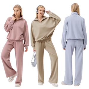 Conjunto de chándales de ocio de talla grande al por mayor, 2 uds., 1/4, jersey de hombro caído con cremallera, pantalones de chándal holgados con dobladillo ajustable, Jersey Suelto - Product Image 2