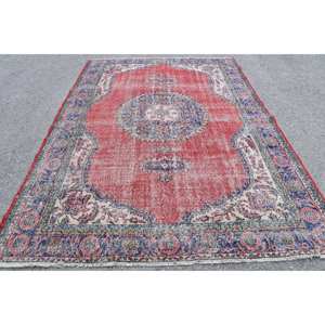 Classic Red Blue Patchwork Wool Rug 6.9 X 9.9 ft <b>Turkish</b> Flat Weave Living Room <b>Carpet</b> with Latex Backing for Decorations - Product Image 1