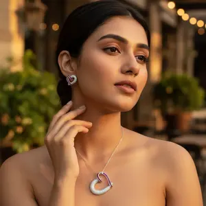 Ensemble de bijoux fins pour femmes, pendentif en argent et rubis en forme de cœur, boucles d'oreilles avec diamant et zircon, plaqué or rose pour les mariages et les fêtes - Product Image 3