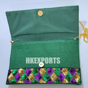 กระเป๋าถือปักเลื่อมมาร์ดิกราส์ทำด้วยมือกระเป๋าฮาร์เลควินสีม่วงสีเขียวและสีทองสำหรับขบวนพาเหรดเทศกาลและงานเฉลิมฉลอง - Product Image 4