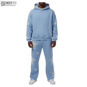 Custom Logo Flared Sweatpants And Hoodie Set Acid Wash <b>Distressed</b> Embroidery Patches Oversized Cotton Joggers Sets - Product Image 3